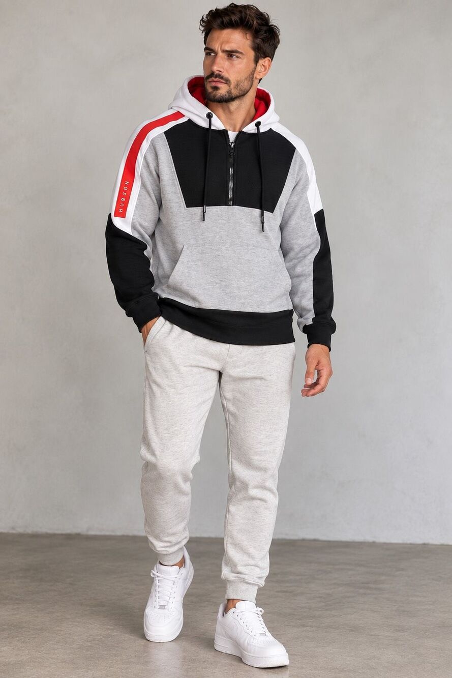 HUDSON Outerwear Mens XL Color Block Pullover Hoodie Black Gray White Red